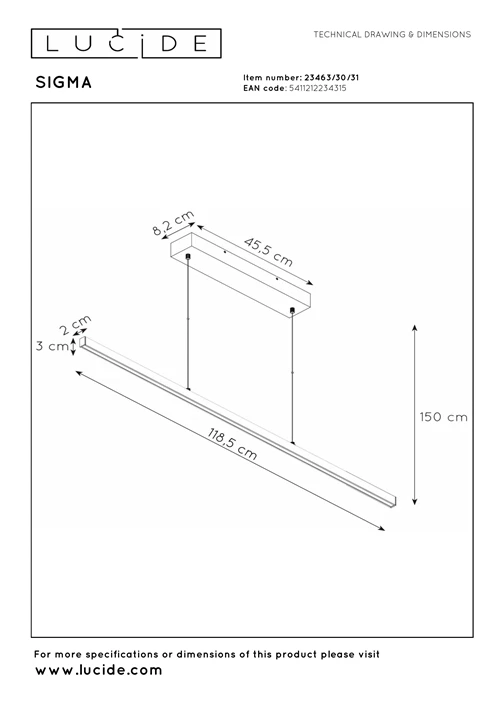 Lucide SIGMA - Pendelleuchten - LED Dim. - 1x30W 2700K - Weiß - technisch